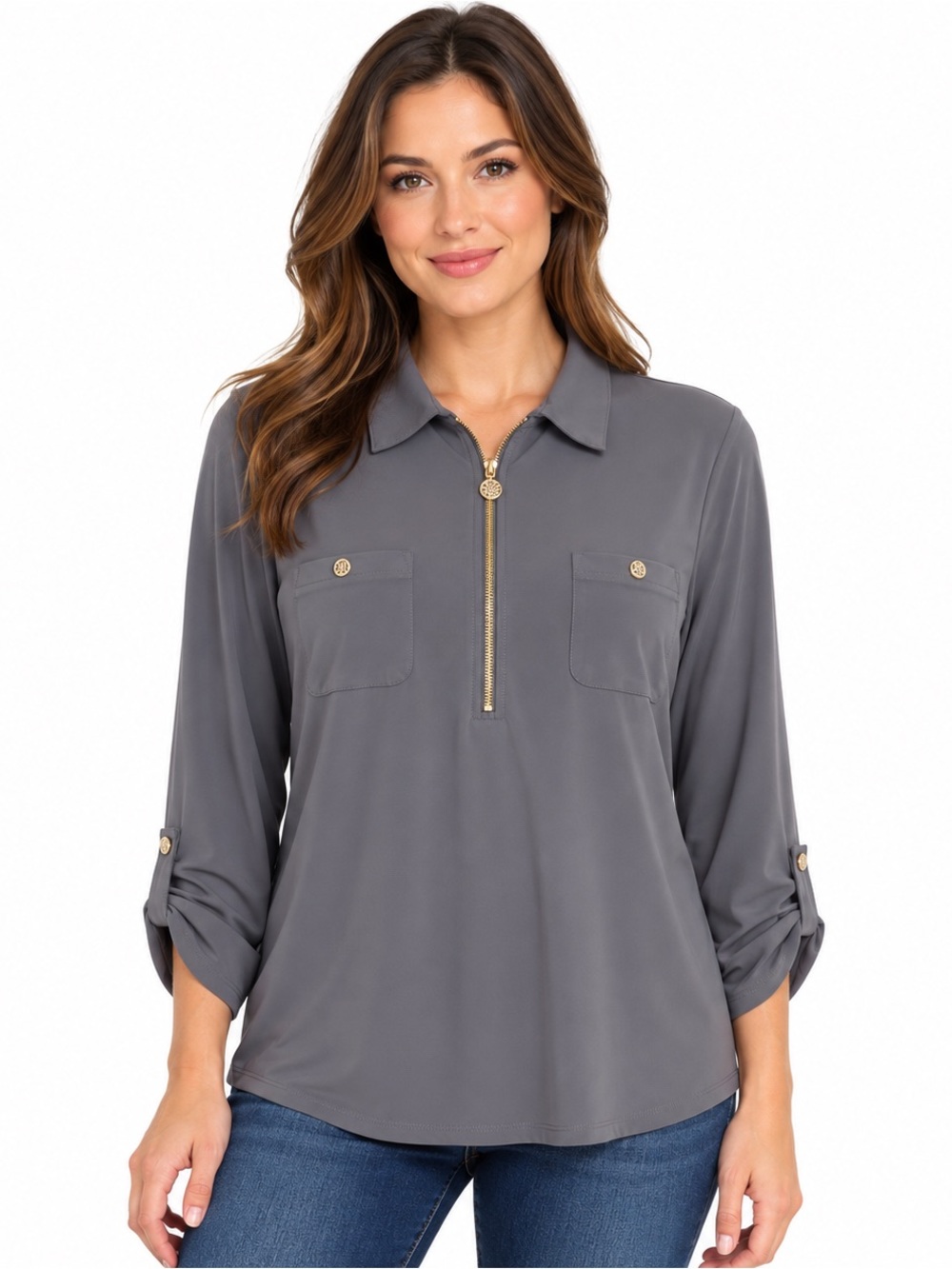 Anne Klein Gray Half Zip Utility Blouse Gold Hardware Size L